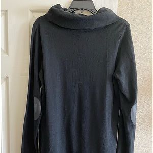 Black turtleneck tunic sweater w/faux leather patches on elbows.